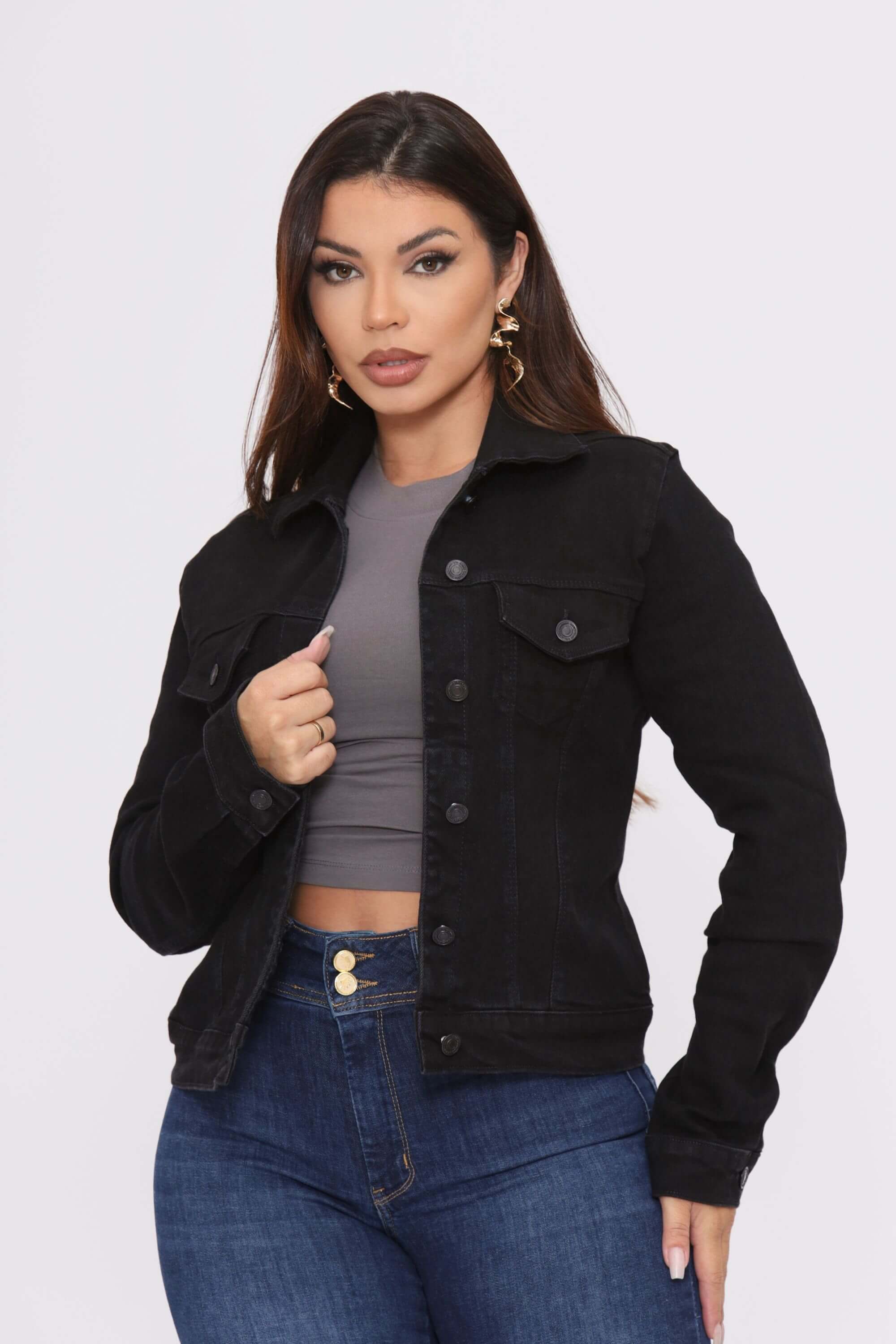 Jaqueta Jeans Feminina Jaqueta Feminina Sarja Preta Jaqueta