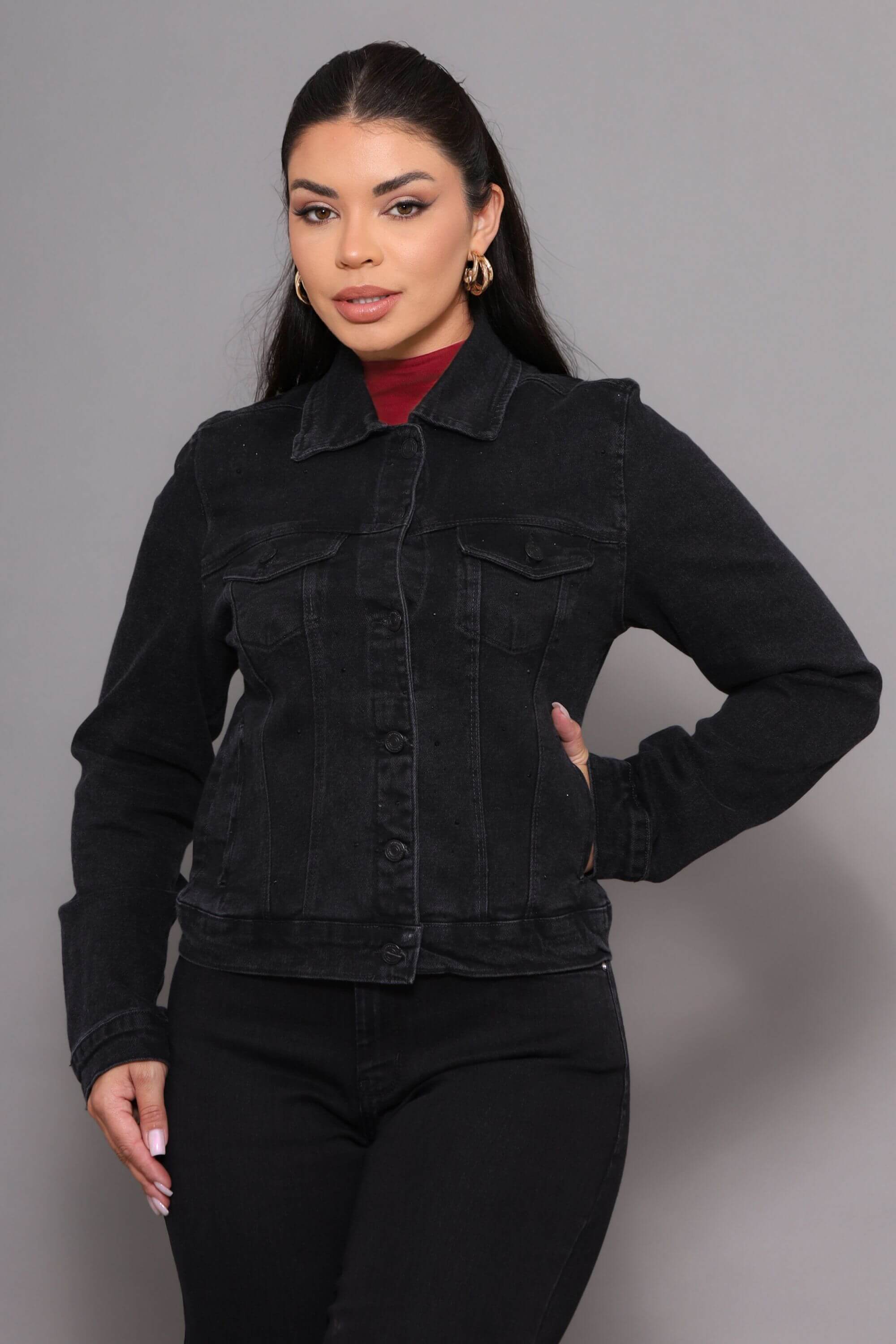 Jaqueta Jeans Preta Feminina com Strass