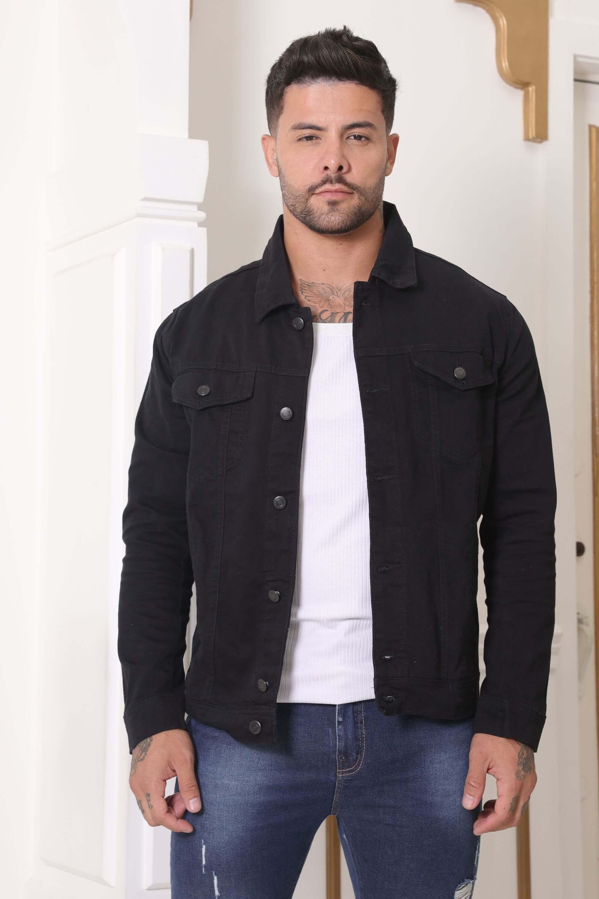 Jaqueta Couro Masculina Preta Masculina Slim Casaco Jeans Preto